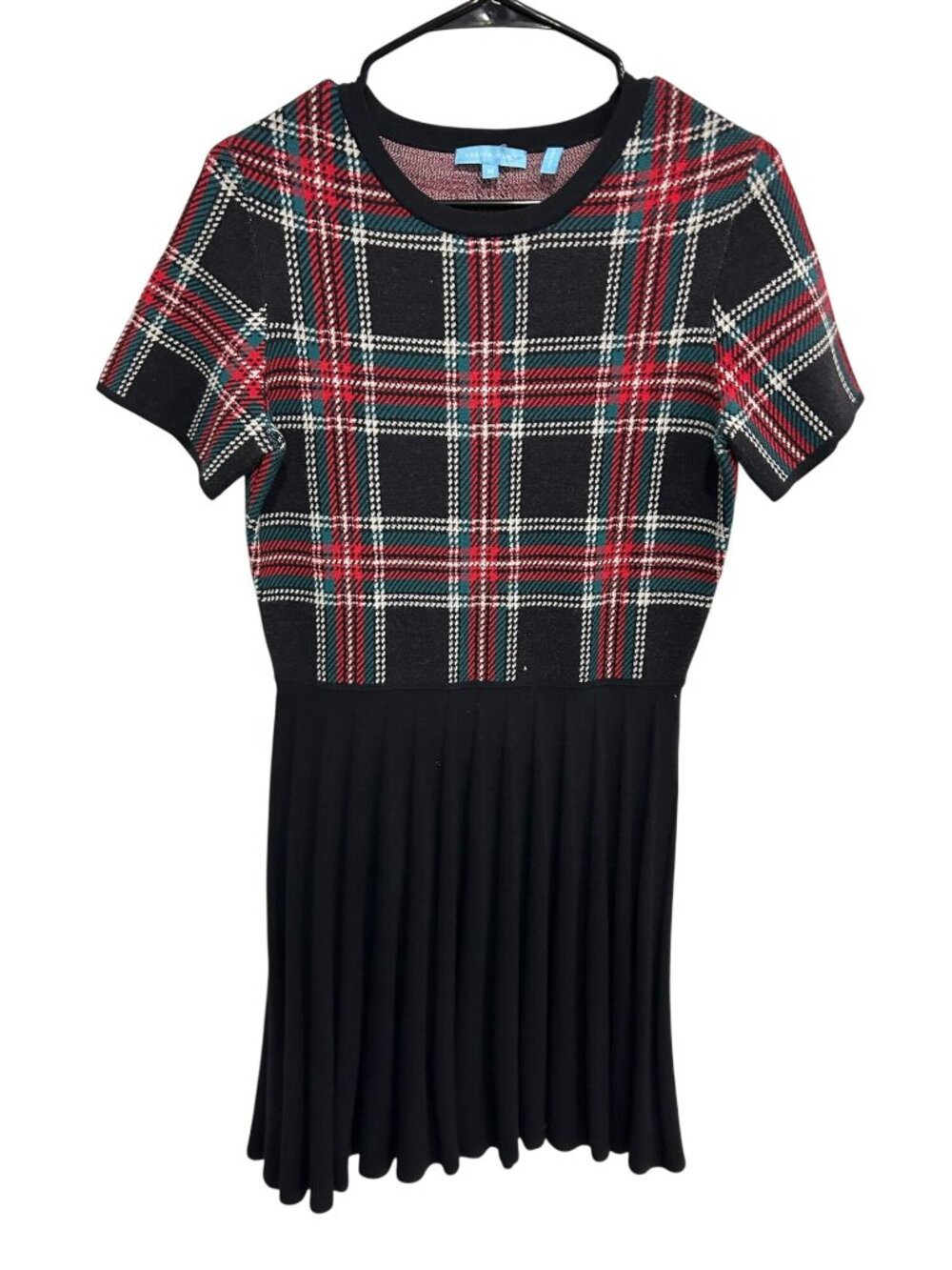 Draper James Medium Black Red Plaid Short Sleeve Knit Pleated Dress Y2K Retro